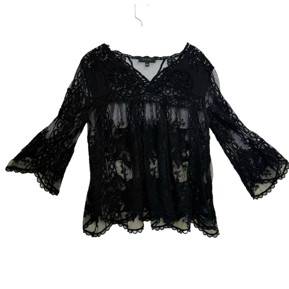 ADIVA Lace Embroidered Eyelet Sheer Mesh Top Scallop Bell Sleeve V Neck Boho L